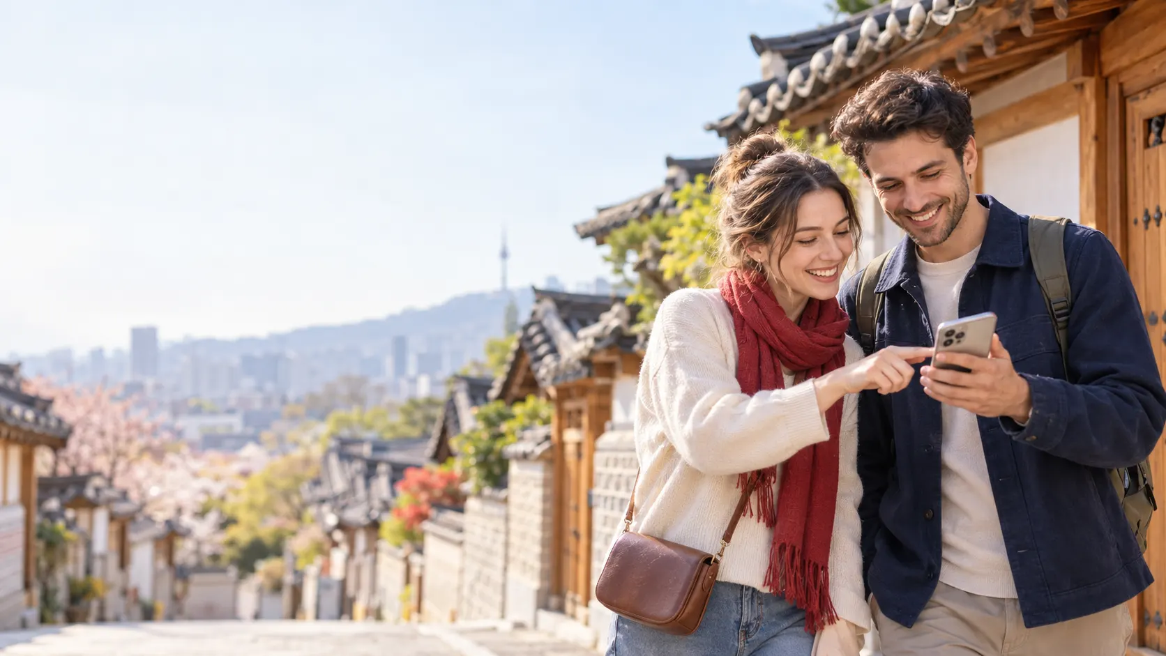 Two international travelers smiling as they look at a map in an alley of a hanok village in Seoul